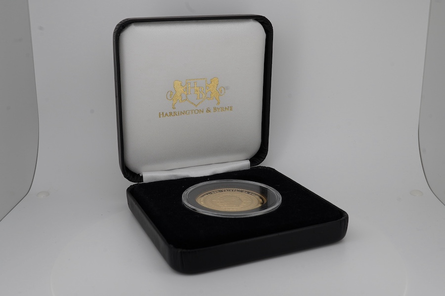 Tristan Da Cunha gold coins, Charles III, 2023 gold proof double sovereign, 16g, Low mintage of 299, Harrington and Byrne fitted case with certificate